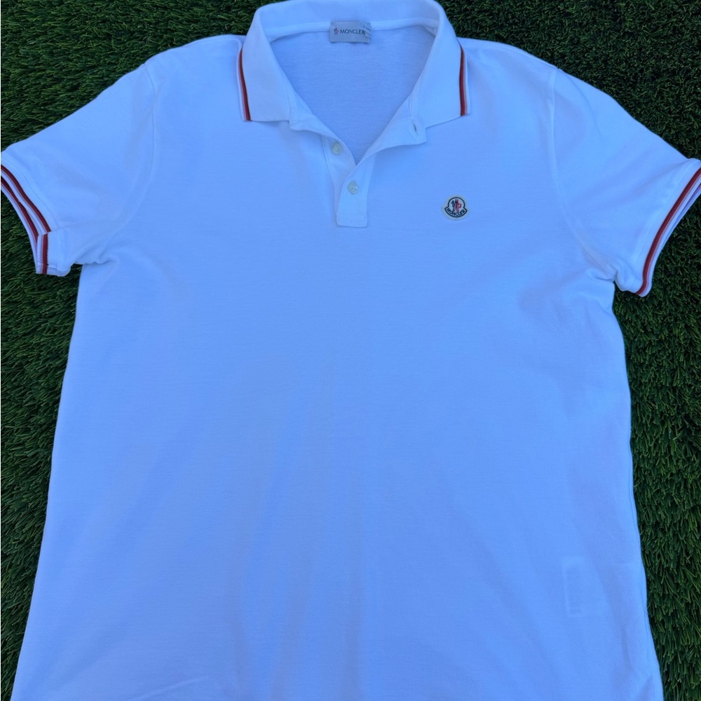 Moncler Men’s White Polo with Red Accents XL